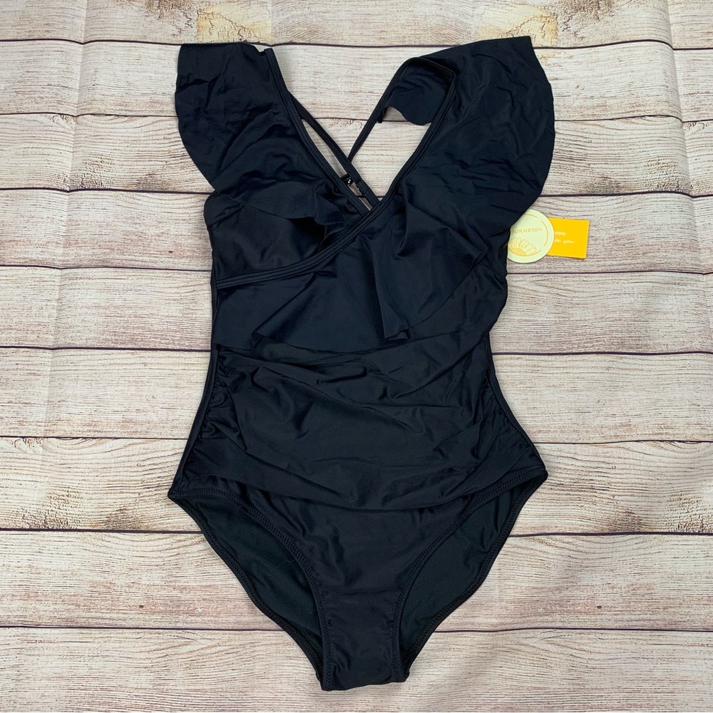 Tournesol womens size small one piece black swimsuit with ruffles NWT